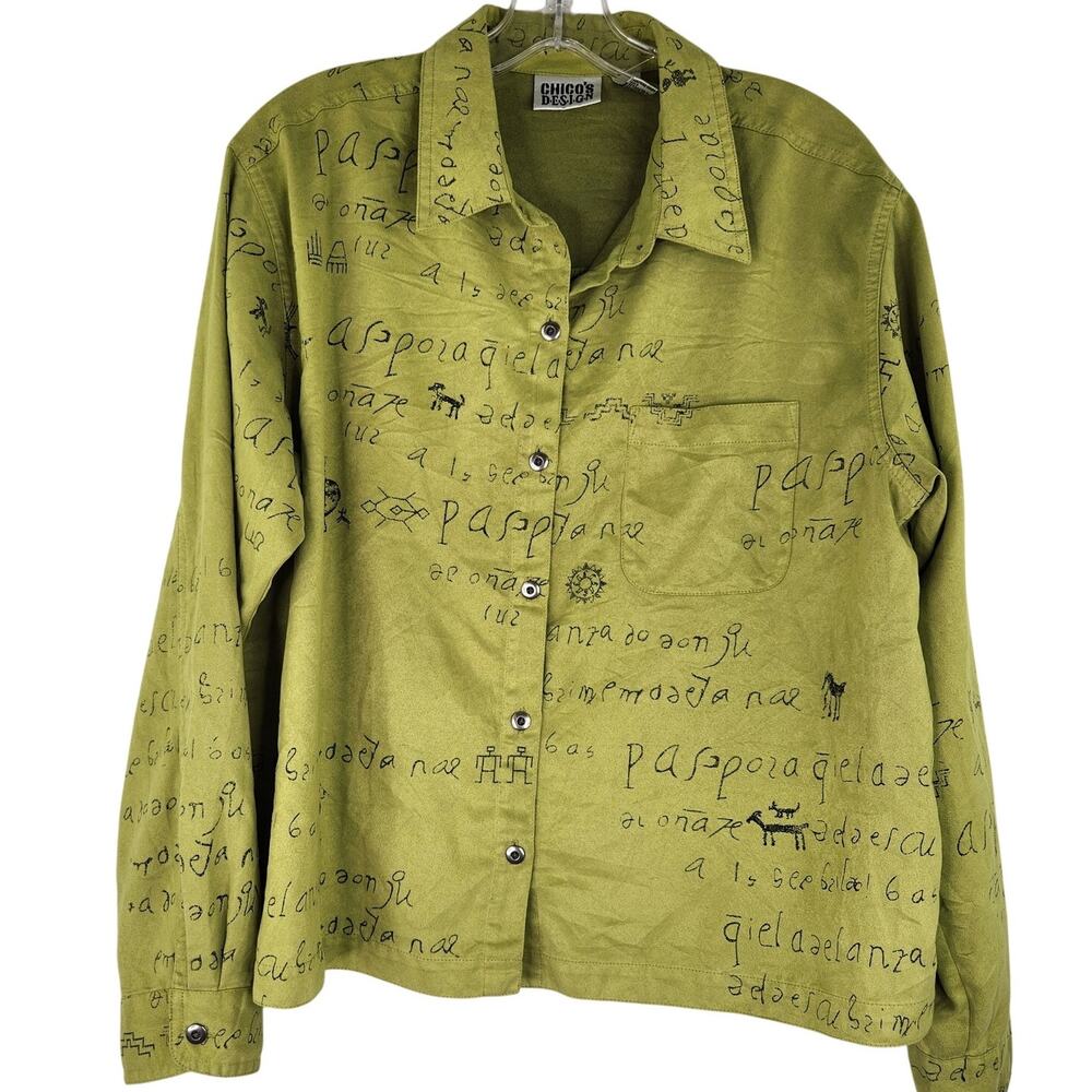 Chico's Design Green Artsy Button Down Blouse Size 2 (Large) Art to Wear